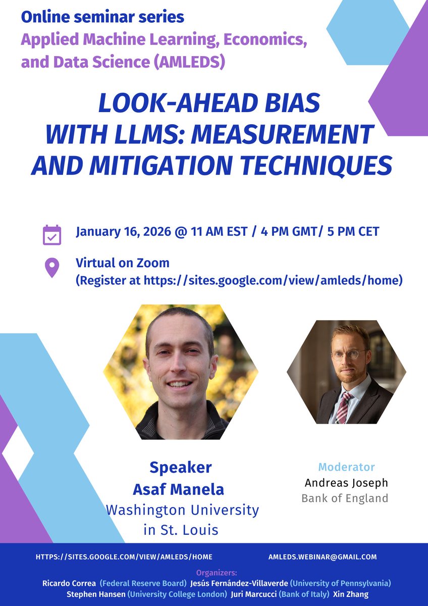 JuriMarcucci's tweet photo. 🧵 1/
🚨 Using #LLMs for research, forecasting, or text-as-data?
Then this is a #webinar you cannot miss.

📅 Jan 16, 2026
🎙️ @AsafManela (@WashU )
📍 #AMLEDS Webinar
🕚 11am ET | 5pm CET

#EconTwitter #AI #Machinelearning https://t.co/cBgyDLaLr0