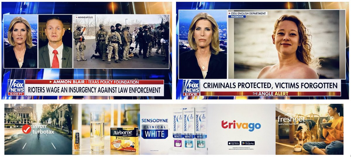 WhoAdvertisesOn's tweet photo. Last night Fox News blamed Renee Good for her own murder, and called those protesting it “insurgents”. Sponsors running within an hour of this extreme segment included @turbotax, Airborne, @Sensodyne_US, @trivago , and @Freshpet. https://t.co/FvL0w8FwA0