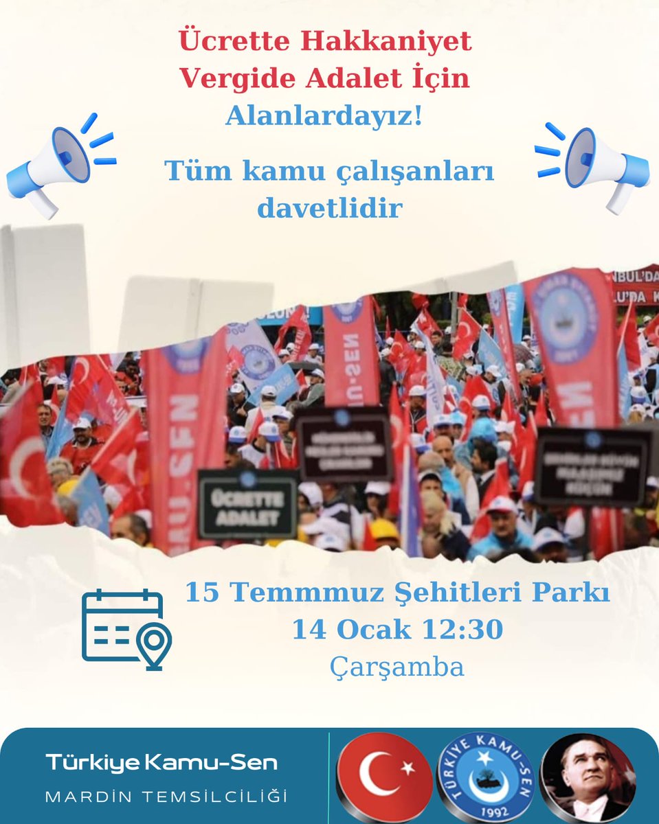 Devlet memurlarının haklı taleplerini gür bir sesle dile getiriyoruz. 

Ücrette Hakkaniyet, Vergide Adalet istiyoruz.

📆 14 Ocak 2026 Çarşamba 
🕔 12:30
📌 15 Temmuz Şehitleri Parkı

Tüm kamu çalışanları davetlimizdir.
<a href="/Kamu_Sen/">Türkiye Kamu-Sen</a> 
<a href="/OnderKahveci/">Önder Kahveci</a> 
<a href="/TalipGeylan06/">Talip Geylan</a> 
<a href="/yucelkazancoglu/">Yücel Kazancıoğlu</a>