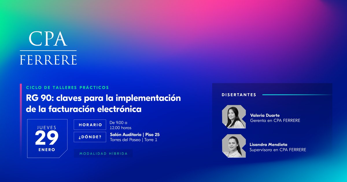cpa_ferrere's tweet image. #PARAGUAY 📢 En el marco de nuestro ciclo de talleres prácticos de Impuestos, los invitamos al curso "RG 90: claves para la implementación de la facturación electrónica”.

🏢 Registro presencial: shorturl.at/uVMBX
💻 Registro virtual: shorturl.at/37KWd

#RG90 #DTE