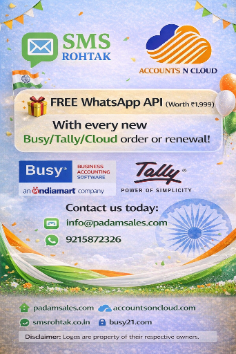 Padamsales's tweet photo. Republic Day Special Offer!  Tally/Busy On Cloud - Run from anywhere! No Server | Secure Backup | Multi-User Access Fast Speed | Perfect for CA, Traders, Businesses FREE WhatsApp API (₹1,999 value) With every new order or renewal!  #RepublicDay #CloudAccounting #DigitalIndia https://t.co/bjz8fIzOHF