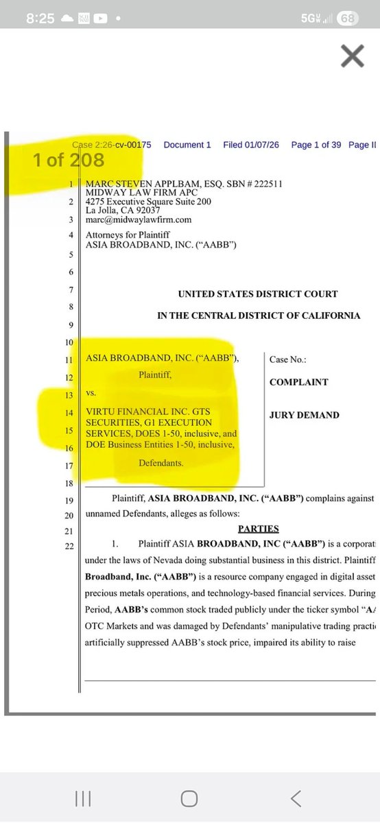 🚨🚨 AABB FILES LAWSUIT AGAINST VIRTU 🔥🔥

Asia Broadband files lawsuit against <a href="/VirtuFinancial/">Virtu Financial</a> for coordinated market manipulation.

How many lawsuits will it take to protect Companies and Shareholders against Market Manipulation 🤔 

The manipulation is blatant and continuous.