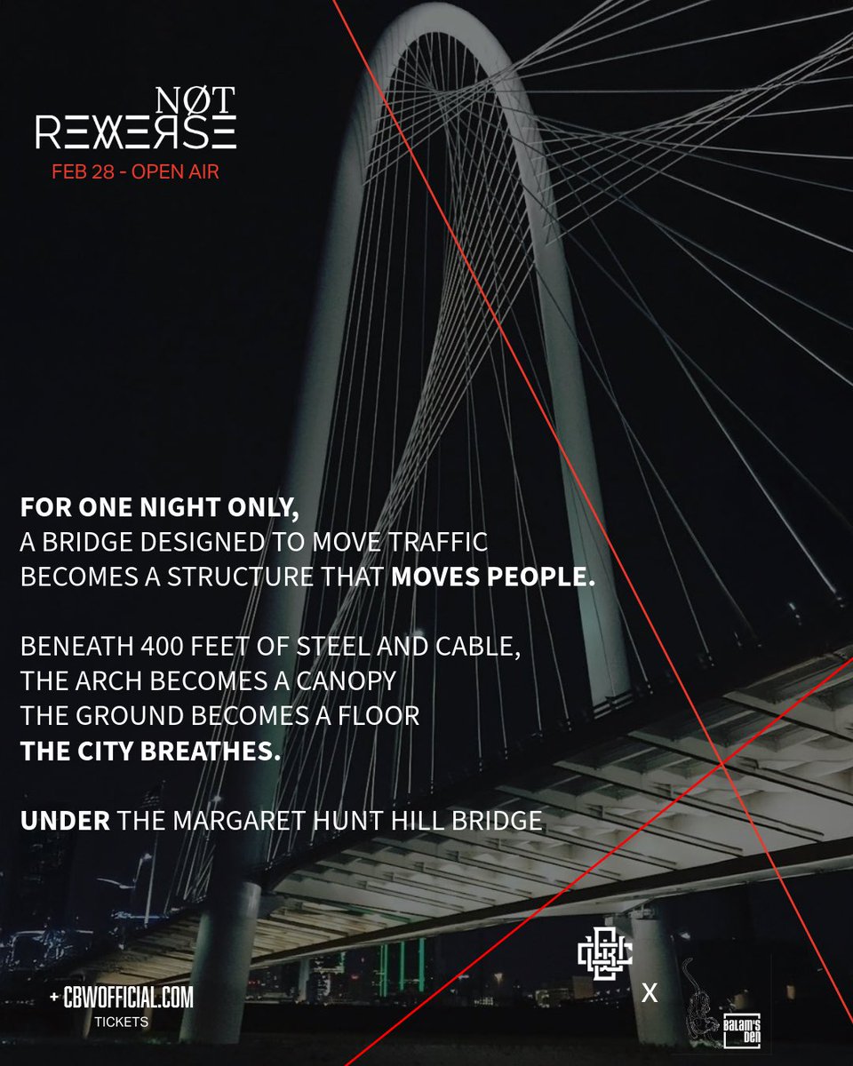 CrossborderW's tweet image. A bridge designed to move traffic
becomes a structure that moves people.

Sat · Feb 28
Dallas, TX — Under Margaret hunt hill bridge 
Open air · Day to night

No walls, just music.