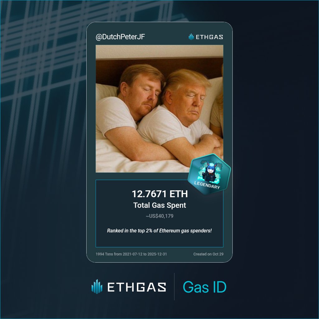 DutchPeterJF's tweet image. Discovered my Gas ID via ETHGas - turning my gas spend into rewards 🫘

As a Legendary Jack, I've spent 12.7671 ETH on gas but earned 4000 Beans back.

ethgas.com/community/gas-…