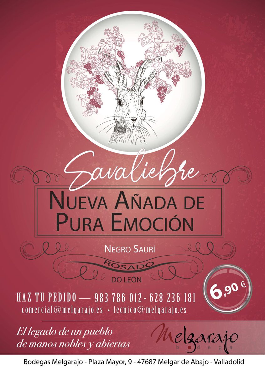 Ya está aquí la nueva añada de Negro Saurí. SAVALIEBRE. Único y de alto Valor. ¡No te lo pierdas!.
@bodegasMelgarajo @NegroSauri @Savaliebre <a href="/Melgardeabajo/">melgardeabajo.com</a> <a href="/Tierradecampos/">isabel arsuaga pinto</a> <a href="/doleon/">Scott Evans</a> <a href="/Valladolid/">Valladolid</a> <a href="/leon/">Leon</a> #sahagun <a href="/Melgus/">Deum almazmelgus</a> <a href="/Valdelena/">Vjunqueira</a>