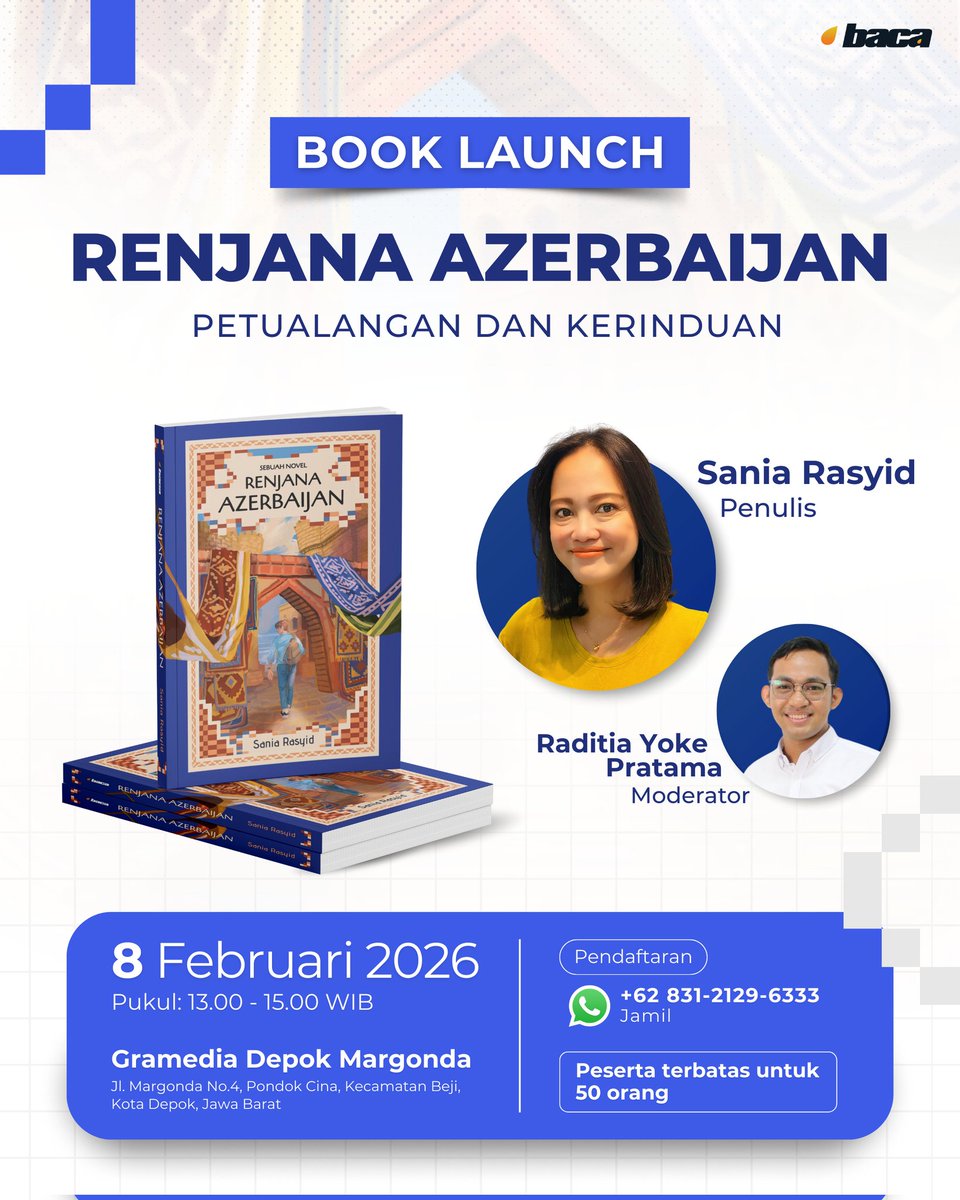 Nantikan book launch Renjana Azerbaijan bersama penulisnya langsung, Kak Sania Rasyid.

Jangan lewatkan kesempatan untuk bertemu langsung dengan penulis dan merayakan peluncuran buku ini. Sampai jumpa, teman-teman di Gramedia Depok Margonda!