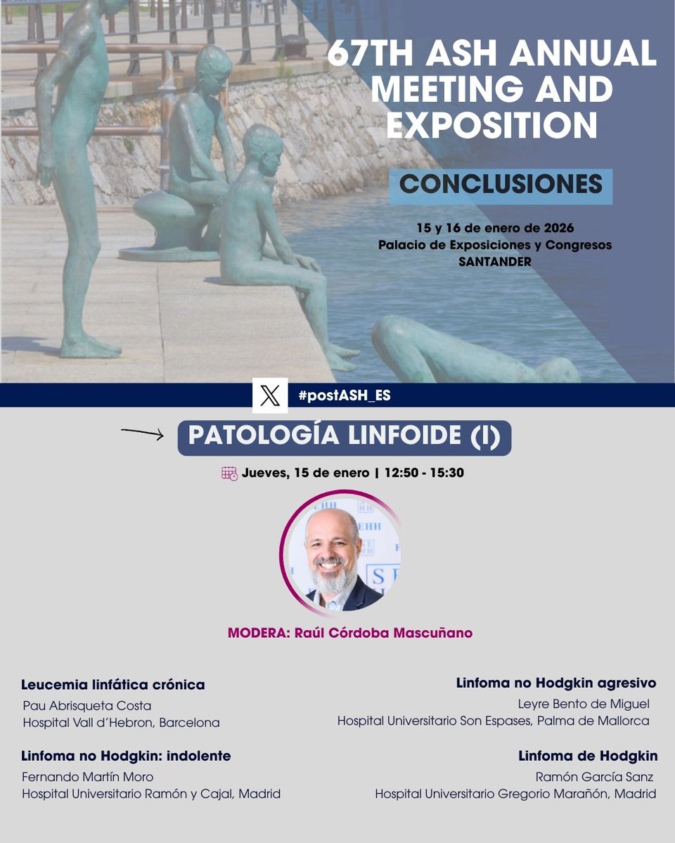 sehh_es's tweet image. 🔝 El bloque I de patología linfoide de #postASH_ES es un imprescindible de la reunión, que tendrá lugar el jueves 15 de enero de 12:50h a 15:30h.
@DrRaulCordoba modera esta mesa en la que se actualizarán las novedades de #ASH25 sobre:
✅ #LLC
✅ Linfoma no Hodgkin: indolente