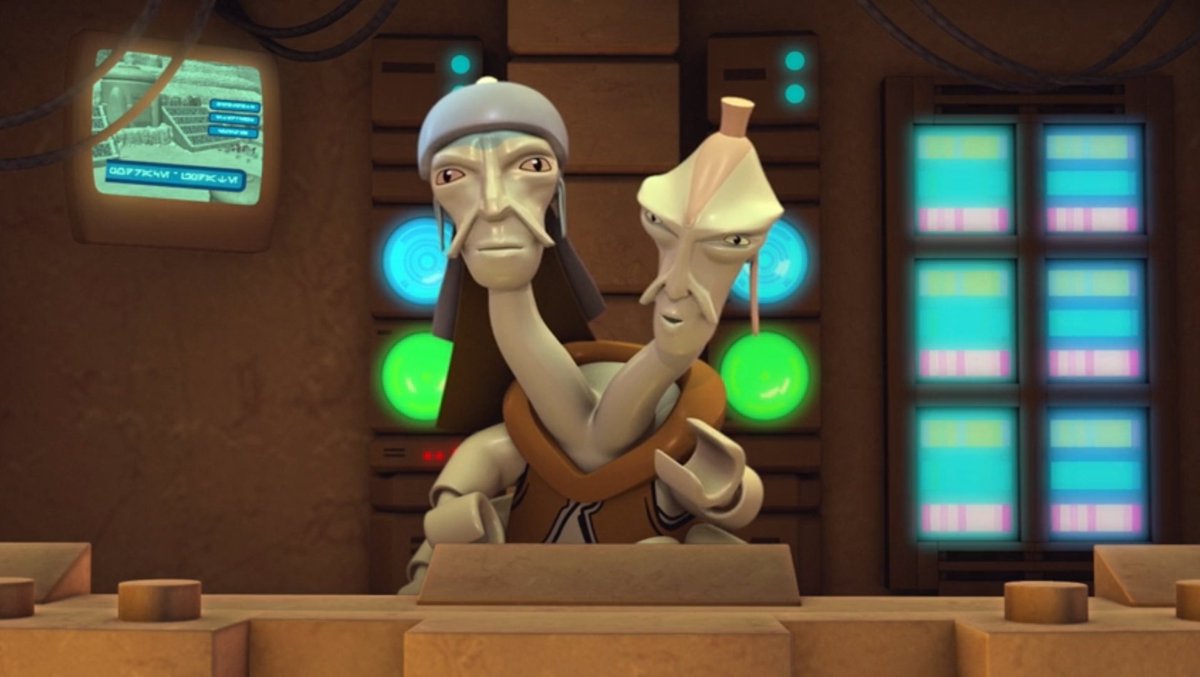 The screen behind Fode &amp; Beed reads:

"HIGHLIGHTS

INTERVIEWS

COMING UP

PODRACE-UPDATE"

LEGO STAR WARS: DROID TALES (2015)
S1E1 Exit from Endor