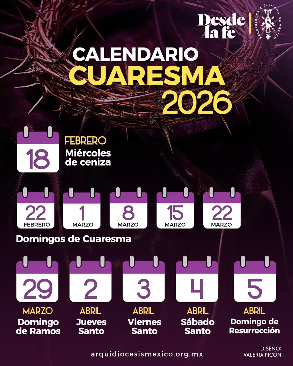 ¡Que no te tome por sorpresa! Anota las fechas de la Cuaresma 2026. 🗓️😉

¿Qué es la Cuaresma? desdelafe.mx/noticias/sabia…

#Cuaresma #calendario #SemanaSanta