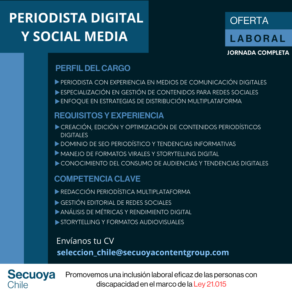 secuoyalatam's tweet photo. En Secuoya Chile abrimos nuevas oportunidades laborales para periodistas con experiencia en entornos digitales, gestión de proyectos y producción de contenidos.
 📩Postulaciones: seleccion_chile@secuoyacontentgroup.com
#OfertaLaboral
#Periodismo
#EmpleoChile
#MediosDigitales https://t.co/WQm9J5OvvV