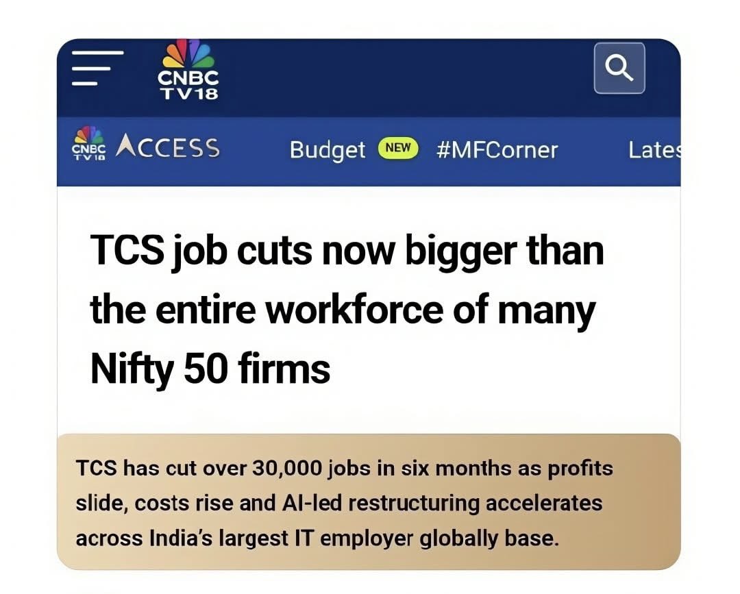 askPushp's tweet photo. If a relatively safer company like TCS is doing this then we can only imagine the condition of the overall job market.

Something is seriously broken in Indian IT sector and it can't be just Al. https://t.co/Q7Bw4DSFMo