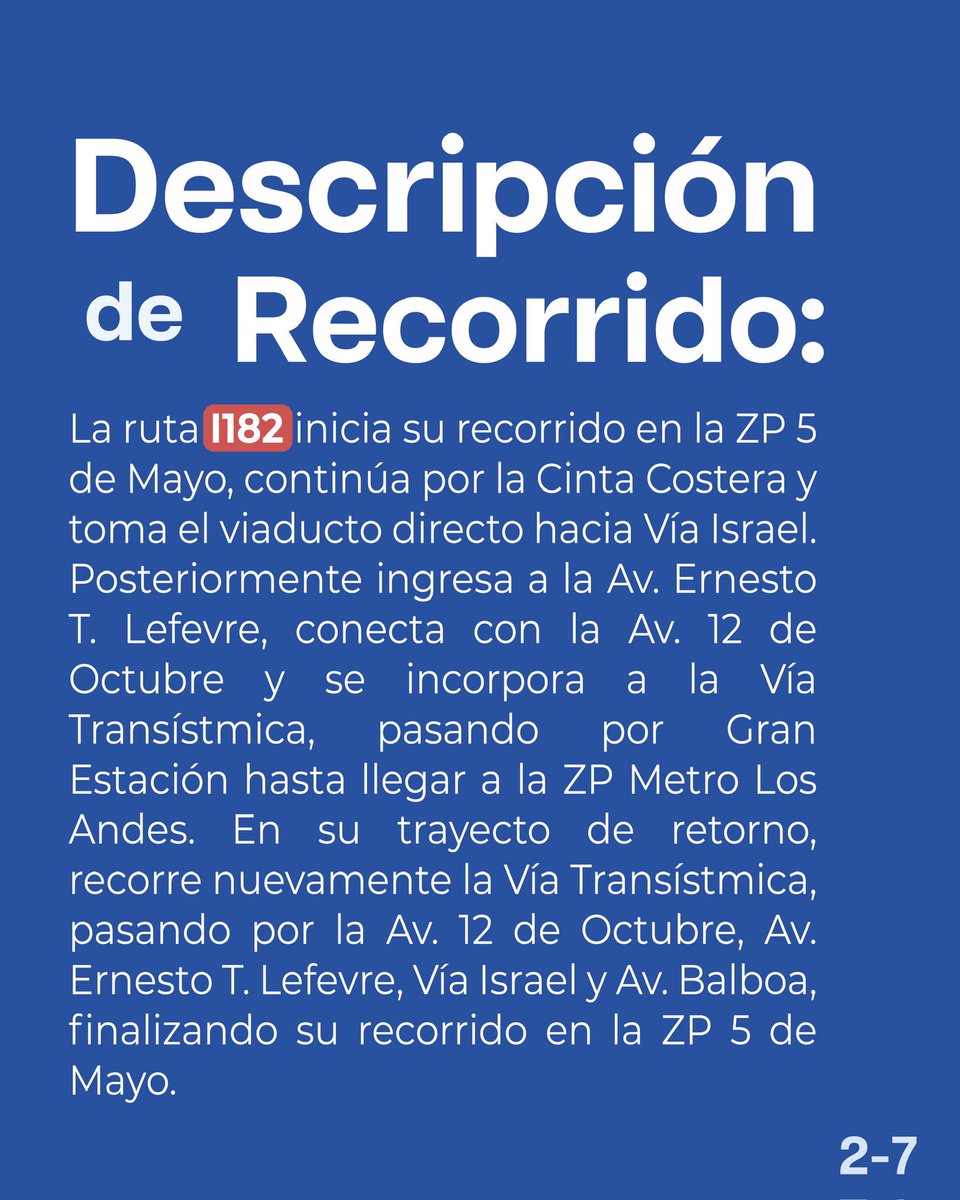 OficialMiBus's tweet photo. A partir del 19 de enero de 2026, MiBus pone en operación la ruta I182, conectando la ZP 5 de Mayo, Vía Israel, av. Ernesto T. Lefevre, av. 12 de Octubre, Vía Transístmica y Metro Los Andes.
⏰ Horario: Lunes a domingo | 4:30 a.m. – 11:30 p.m.
#MiBus #NuevaRuta #RutaI182 https://t.co/2mkAhKlwqM
