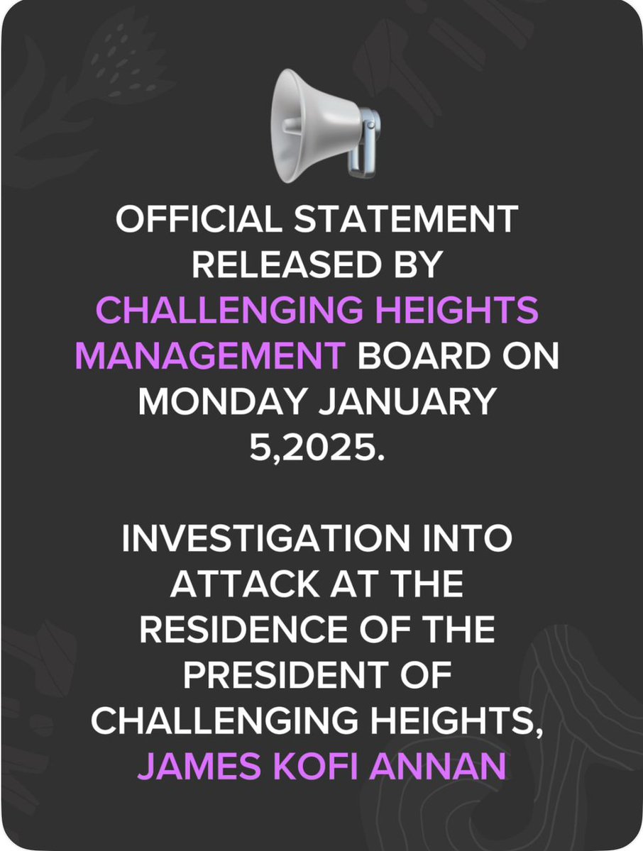 Challenging Heights confirms a security incident involving our Founder, James Kofi Annan, on 29 Dec 2025.

He and his family are safe, and the Ghana Police Service is handling the investigation.

Full statement:
challengingheights.org/official-state…

#ChallengingHeights #OfficialStatement