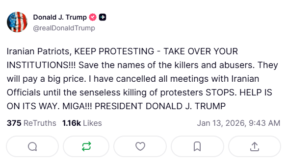 FoxNews's tweet photo. 🚨 BREAKING: Trump cancels meetings with Iranian officials, tells protesters that persecutors will 'pay a big price' https://t.co/UzzQ7ddwNI