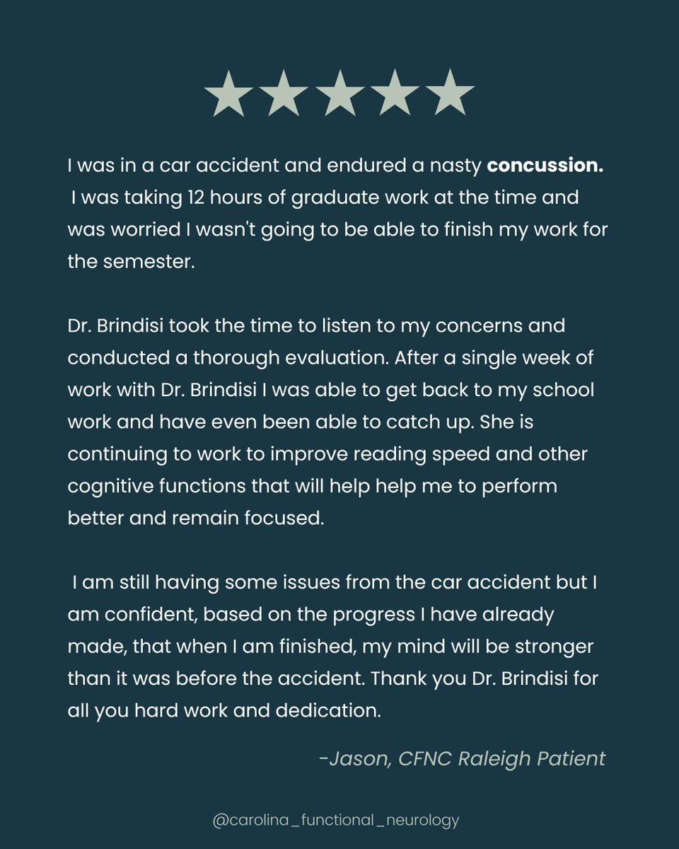 CarolinaFNC's tweet photo. Not all concussion recovery timelines look the same — and progress doesn’t always mean symptoms disappear overnight.

After a car accident and a significant concussion, this patient was facing cognitive challenges that made it difficult to keep up with demanding graduate-level coursework. Through a thorough neurological evaluation and targeted care, meaningful improvements began quickly — allowing him to return to school, regain focus, and rebuild cognitive endurance.

Concussion care is about more than symptom relief. It’s about restoring brain function, supporting learning, and helping patients move forward with confidence in their recovery.

We’re honored to be part of this journey and grateful for the trust placed in our team. 

Interested in learning more about our concussion program? Visit https://t.co/ta9MyqD2Yq.
