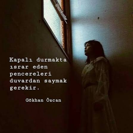 Kapalı durmakta ısrar eden pencereleri duvardan saymak gerekir.

Gökhan Özcan

Facebook sayfamız
facebook.com/cikgitaklimdan

İnstagram sayfamız
instagram.com/cikgitaklimdan

#çıkgitaklımdan #aşk #aşksözleri #aşkşiirleri #gökhanözcan