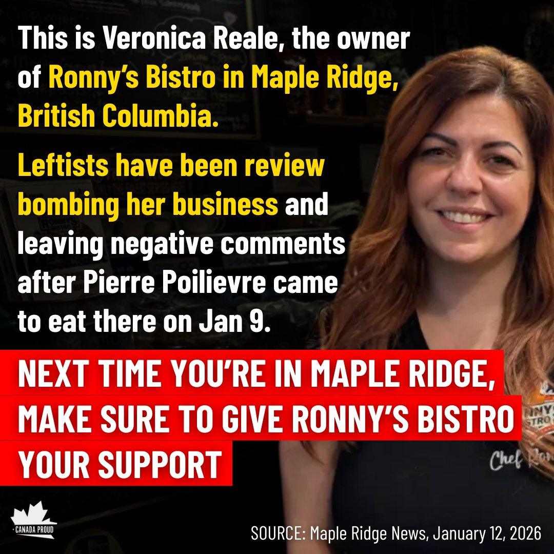 WeAreCanProud's tweet image. Veronica Reale is a single mother and immigrant from Italy who has been running her own small business for 14 year.

Leftists want to shut it down because Pierre Poilievre ate there.

Make sure to give her your support!