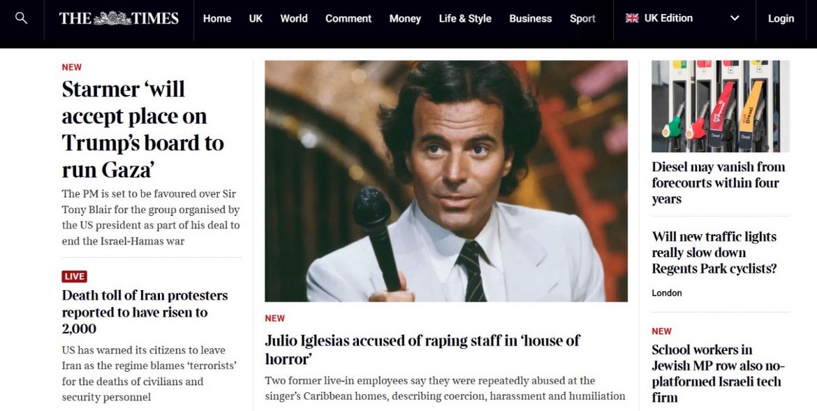 El britànic <a href="/thetimes/">The Times and The Sunday Times</a> posa les acusacions de violació de Julio Iglesias a la portada de l’edició digital