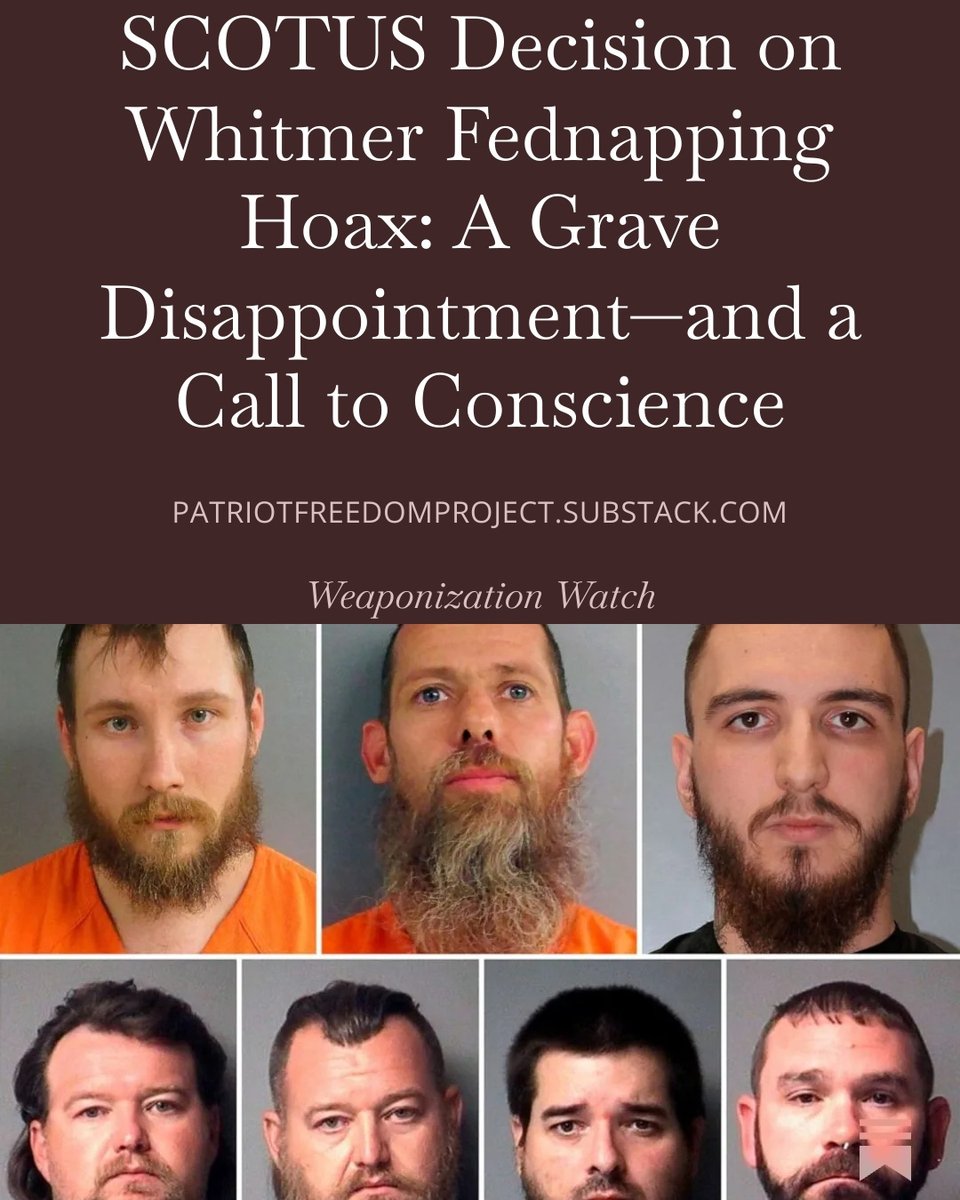 cynthfromjersey's tweet photo. The denial of the latest filing by Barry Croft by the Supreme Court of the United States is not merely a procedural loss—it is a profound disappointment for anyone who still believes our justice system should correct its own errors.

These cases were used to elevate the public persona of Gretchen Whitmer, while the men at the center of the prosecution were reduced to symbols rather than treated as citizens with constitutional rights. What we are witnessing is not accountability—it is punishment rooted in narrative. Men are sitting in federal prison not for proven acts of violence, but for associations, rhetoric, and thought crimes.

When courts decline to meaningfully engage with claims of entrapment, overcharging, and politicized prosecution, confidence in the rule of law collapses. Justice is not served by preserving a storyline. Justice is served by confronting the truth—especially when that truth is uncomfortable.

Where Are the Lawyers?

This moment requires courage from the legal community. We urgently need more attorneys—trial lawyers, appellate specialists, and constitutional advocates—willing to step forward and help men who were railroaded by a system that prioritized politics over due process. Silence is not neutrality. Silence allows injustice to calcify.

Why Your Support Matters—Right Now

This fight cannot continue without resources. Your financial support directly helps Barry Croft and Adam Fox in tangible, immediate ways:

Supporting their families with commissary funds, phone access, and basic necessities no family should struggle to provide.

Hiring and retaining lawyers to continue fighting these cases—on appeal, through post-conviction filings, and wherever justice still has a doorway.

Preparing and submitting pardon packages, a rigorous legal and advocacy process that demands time, expertise, and persistence.

If you believe Americans should not be imprisoned for thought crimes—if you believe families should not be destroyed to advance political careers—then please consider making a donation today. Your generosity fuels the legal fight, sustains families, and keeps hope alive.
https://t.co/bDunEBxWww

To learn more about the case check out "Kidnap and Kill: An FBI Terror Plot" a compelling documentary that unravels the intricate web of FBI misconduct in the so-called plot to kidnap Michigan Governor Gretchen Whitmer. https://t.co/gUnSq6206f by @NotRadix 

A Direct Appeal to the President
Mr. President, the time has come. Clemency exists for moments like this—when the system fails, when punishment outweighs proof, and when mercy is not weakness but restoration.

Pardon these men.

https://t.co/MrBl1Rzx2D