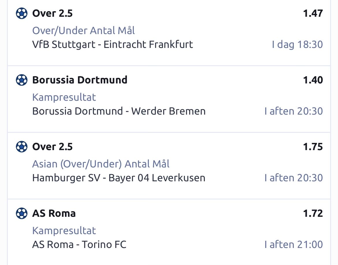 poorpalli's tweet photo. Accumulator for some of tonight’s matches

Stuttgart v Frankfurt
Dortmund v Werder Bremen
Hamburger SV v Leverkusen
AS Roma v Torino

📈 6.19, Betano https://t.co/SjSswOALLZ