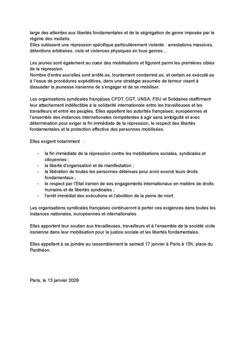 🇮🇷  Les organisations syndicales françaises, CFDT, CGT, UNSA, FSU et Solidaires expriment leur plein soutien aux mobilisations en cours en Iran, qui se déroulent dans un contexte d’effondrement économique, d’hyper inflation et d’explosion de la pauvreté.