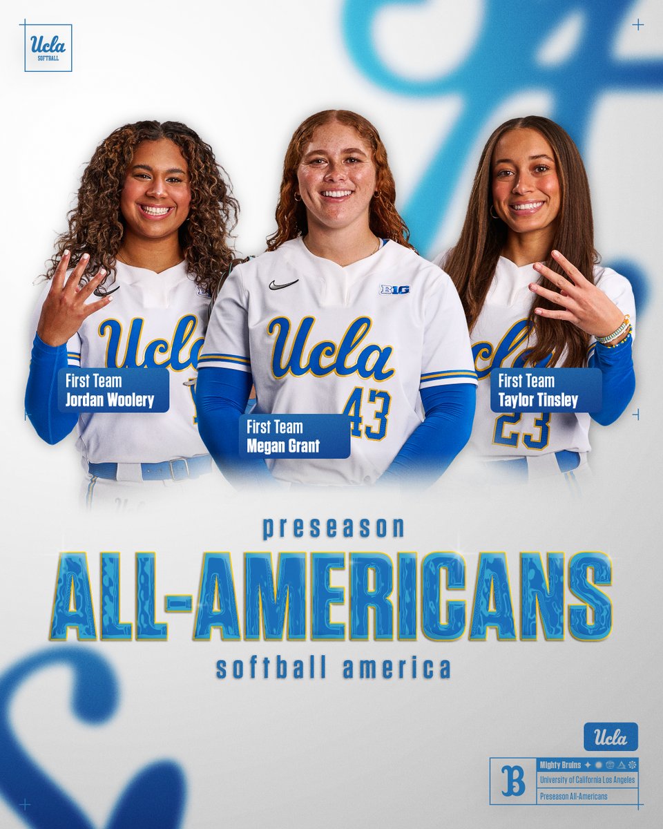 All-American trio 🇺🇸

Congrats to <a href="/jordanwooleryy/">jordan woolery❤️‍🔥</a>, <a href="/ChefMeganCookin/">Megan Grant</a> and <a href="/TaylorTinsley7/">Taylor Tinsley</a> on being named Preseason First Team All-Americans by <a href="/SoftbalAmerica/">Softball America</a>!

#GoBruins