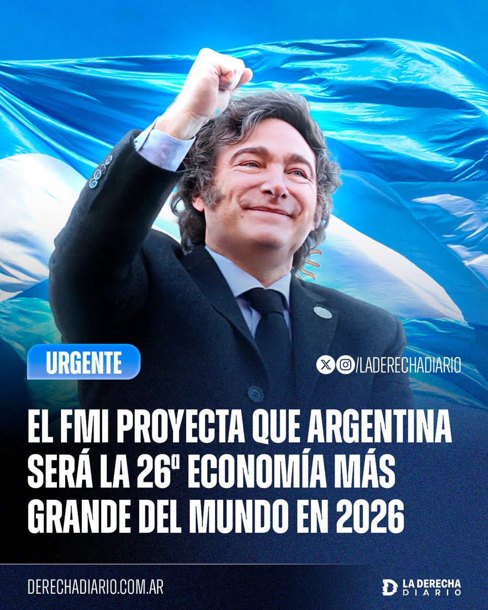 🌎🇦🇷 | MILAGRO ECONÓMICO ARGENTINO: Según el FMI, la Argentina de Milei será una de las 30 mayores economías del mundo en 2026, con un PBI proyectado de 668 mil millones de dólares, ubicándose en el puesto 26 a nivel global del ranking elaborado por el fondo.