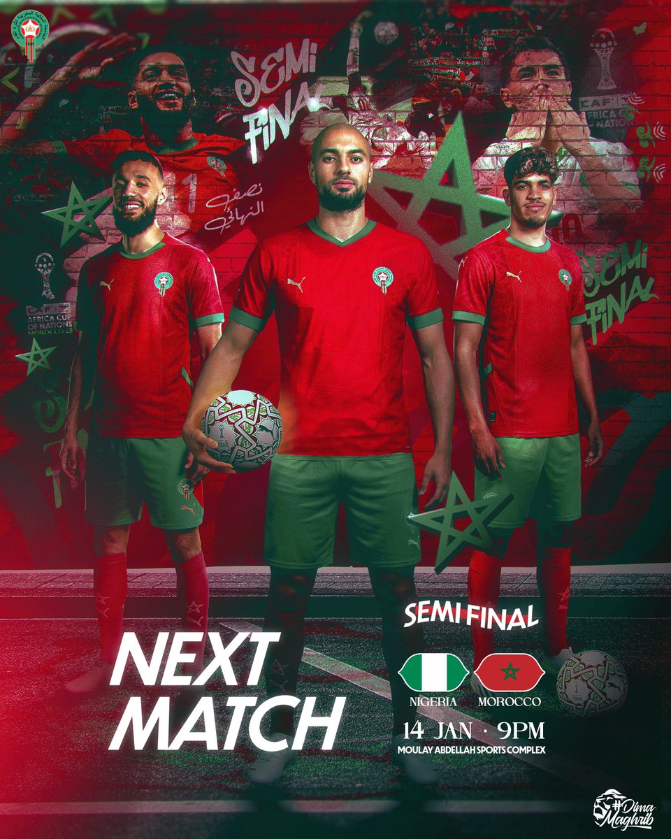 EnMaroc's tweet image. يواجه منتخبنا الوطني منتخب نيجيريا غدًا لحساب دور نصف نهائي كأس أمم إفريقيا — المغرب 2025 👊

𝐍𝐞𝐱𝐭 𝐌𝐚𝐭𝐜𝐡 🔜
Our National Team takes on Nigeria 🇳🇬 tomorrow in the Semi-Finals of #AFCON2025 💪

#DimaMaghrib 🇲🇦