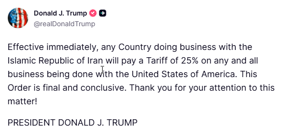 Jesu_btc's tweet photo. @Investingcom Trump impone un arancel del 25% a cualquier país que haga negocios con Irán con efecto inmediato. Los 5 principales países que hacen negocios con Irán: 1. China 🇨🇳 2. Emiratos Árabes Unidos 🇦🇪 3. Turquía 🇹🇷 4. Irak 🇮🇶 5. India 🇮🇳 https://t.co/VdDfHk3wQ5