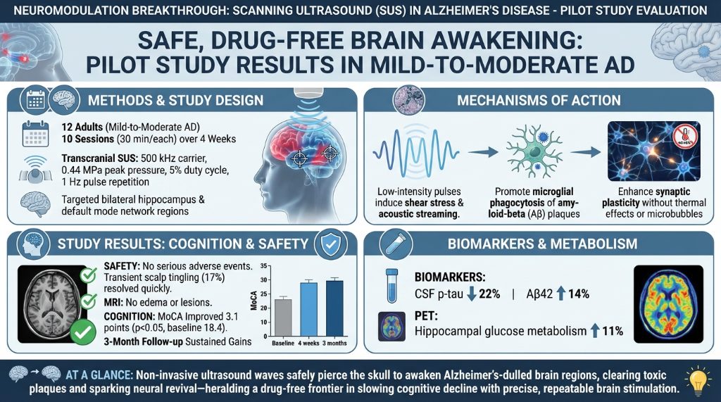 Alzheimer's erased by sound?

Forget Big Pharma. Twelve patients. Ultrasound waves. Direct brain stimulation.

Modest study? Yes.

But: Cognitive scores jumped. Toxic proteins flushed. Brain activity *increased*.

Imagine a world without pills for dementia. Sound waves, the