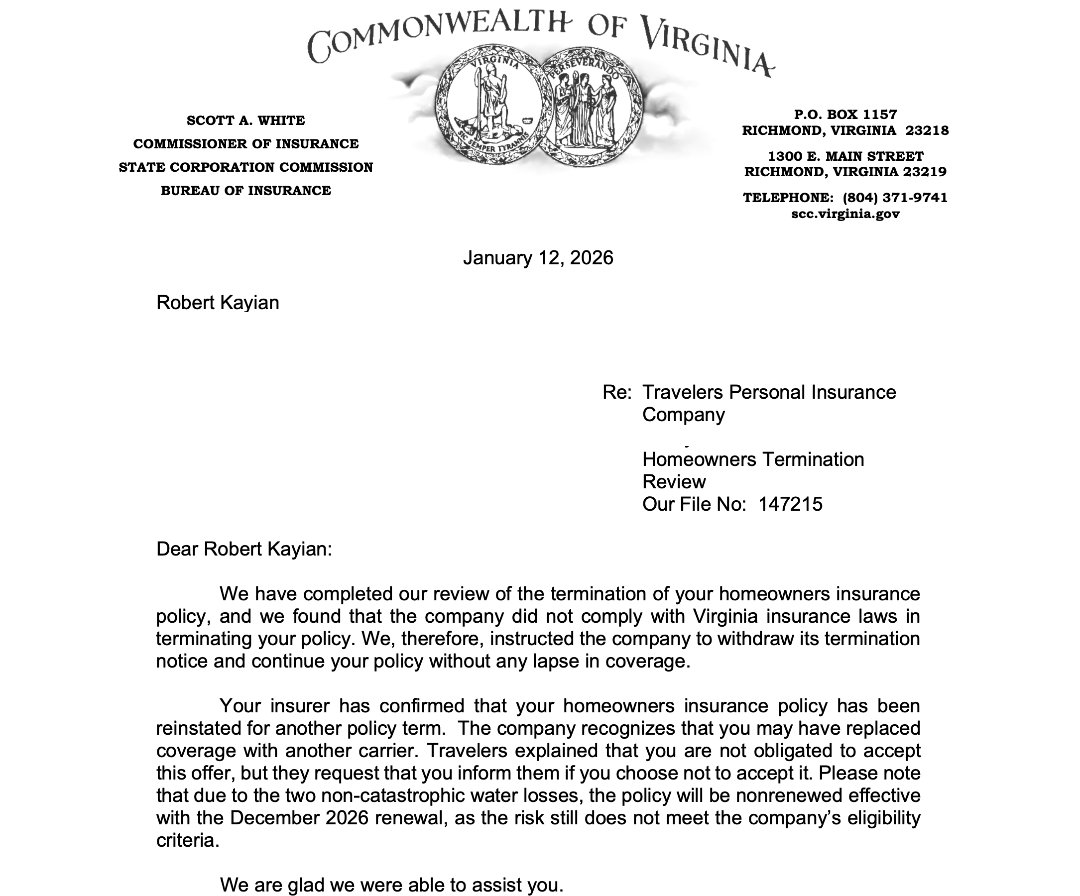 prpoints's tweet image. Travelers insurance terminated my homeowners insurance and did not comply with Virginia Insurance Laws in terminating my policy. Travelers Insurance was found non-compliant by the Virginia Bureau of Insurance and required to reinstate our policy. @AlanSchnitzer @Travelers
