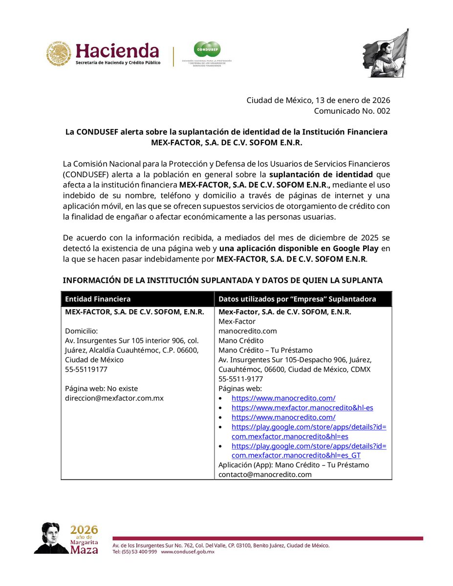 CondusefMX's tweet photo. La CONDUSEF alerta sobre el uso indebido del nombre MEX-FACTOR, S.A. DE C.V. SOFOM E.N.R. en sitios webs y una app que ofrecen créditos.
Antes de aceptar, confirma que la institución sea real en #SIPRES:
🔎 https://t.co/pVwgaCdAAo
#CondusefCercadeTi https://t.co/Khe4uHTYHB