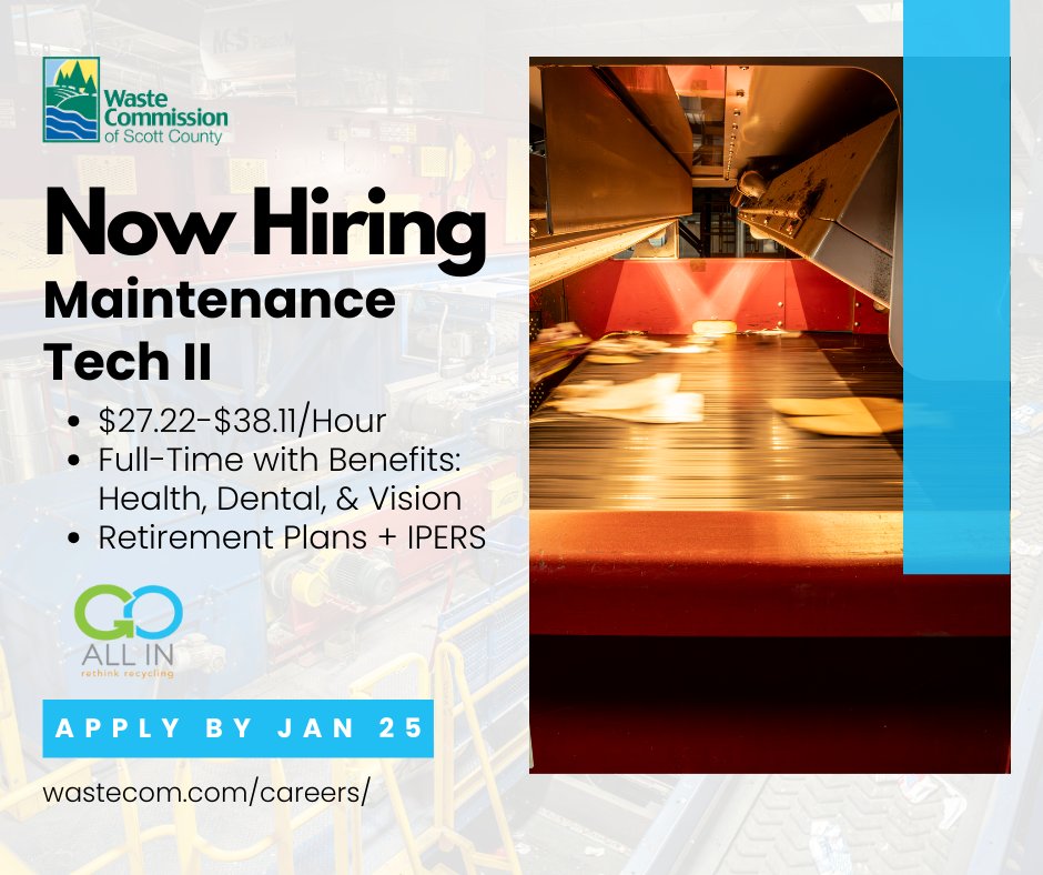 WasteCommission's tweet photo. Knowledgeable in equipment diagnosis for mechanical, hydraulic, and electrical systems? We're #hiring a Mechanical Tech II! Benefits include health, dental, vision, + IPERS!

Read the job description and apply at https://t.co/1ECccfAscv

#IowaJobs #MaintenanceJobs #TradesJobs https://t.co/kMFe5mJ7bJ
