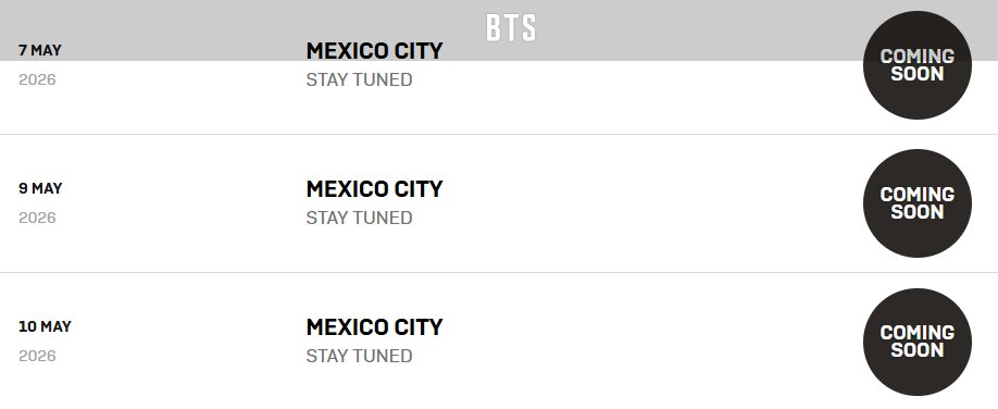 💜💜BTS en México!!!💜💜

✅Tal y como les adelantamos! En el Estadio GNP!!
🎟️Preventa Weverse - por confirmar (22 enero?)
🔗LINK: sovrn.co/08v7gfn

#bts #comeback #mexico #estadiognp #kpop #conciertos #cdmx #viral #ticketmaster #preventa #ticketsmx