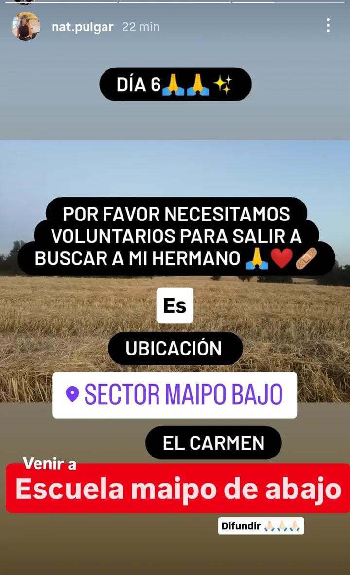 13 de enero (día 6) Por favor, familia de José Ignacio pide personas voluntarias para seguir la búsqueda. Quiénes puedan ir es en escuela Maipo de Abajo, Camino El Macal kilómetro 10, sector Maipo Bajo, comuna El Carmen, Región Ñuble. Gracias 🙏