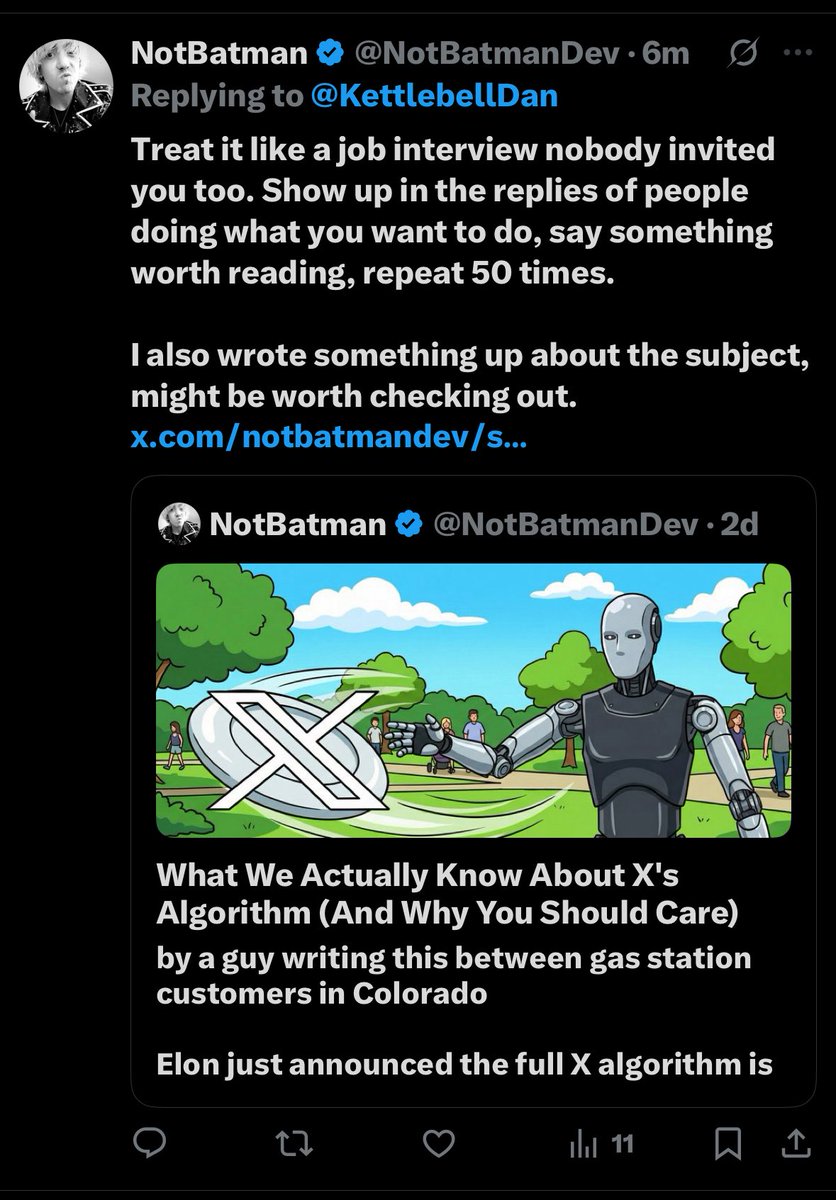 NotBatmanDev's tweet image. Seeing my own posts on my feed messed with my head a bit lol

@X y u no tell us when you change the algorithm 😮‍💨