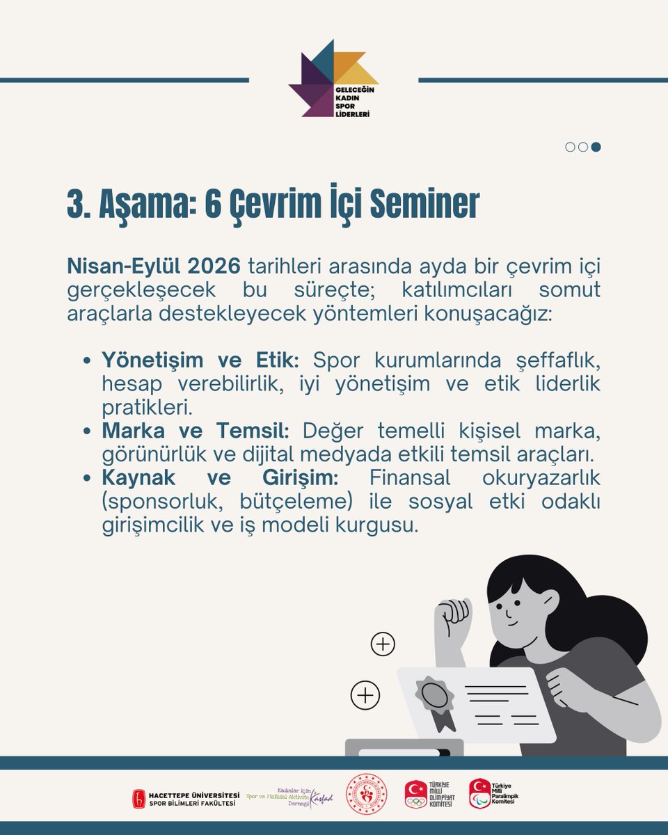 Sporda eşitlik, karar mekanizmalarında başlar.📢

GKSL Eğitim Programı; kadınların liderlik kapasitesini güçlendiren, teoriyi sahaya taşıyan 3 aşamalı hibrit bir yolculuk sunuyor.

Bu yolculukta bizimle yürümek istiyorsanız başvurunuzu bekliyoruz!✨

🔗 Link: