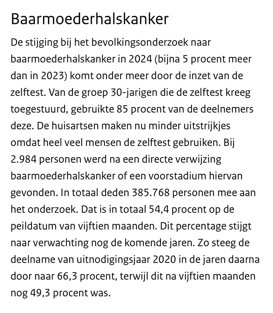 Dankzij D66 kwam de zelftest voor baarmoederhalskanker er. 

Dit maakt de drempel om te testen voor veel vrouwen lager en daarmee de deelname hoger!

Trots op dit politieke resultaat dat direct iets betekent voor de gezondheid van vrouwen. Het kan wél.

rivm.nl/nieuws/wissele…