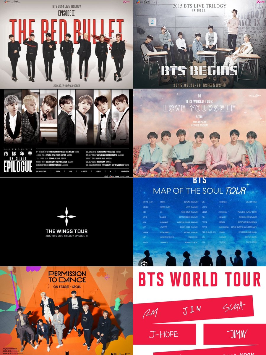 kootiddies03's tweet image. BTS tours so far

Trilogy Episode II:The Red Bullet Tour
-Asia Extension
Trilogy Episode I:Begins Tour
HYYH On Stage
-Epilogue
Trilogy Episode III: The Wings Tour
-The Final
Love Yourself Tour
Love Yourself:Speak Yourself
MOTS Tour(cancelled)
PTD On Stage
BTS WORLD TOUR(nameless)