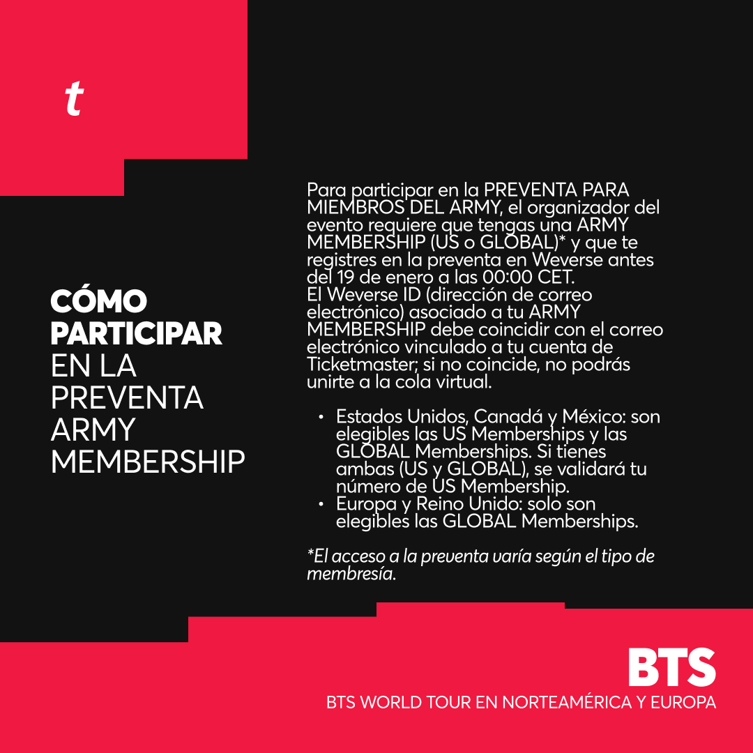 TicketmasterES's tweet photo. 📲 Para participar en la PREVENTA PARA MIEMBROS DEL ARMY de @bts_bighit, debes tener una ARMY MEMBERSHIP (US o GLOBAL) en Weverse con un email asociado a tu cuenta Ticketmaster.

Aquí tienes más info sobre cómo registrarte y acceder a la preventa ⬇️
🎫: https://t.co/19exO6fe6Z https://t.co/YpGDRl8zBs