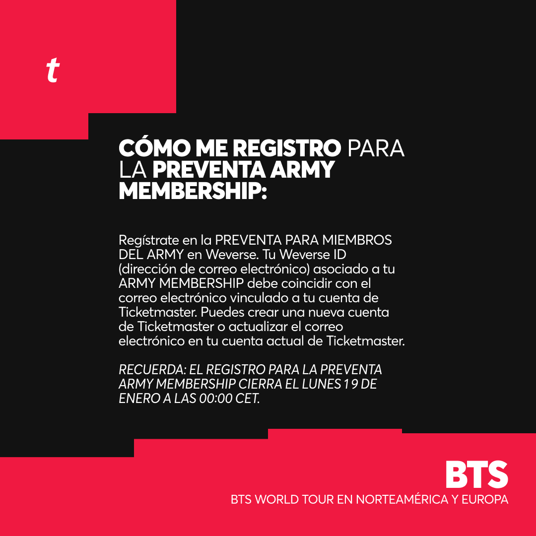 TicketmasterES's tweet photo. 📲 Para participar en la PREVENTA PARA MIEMBROS DEL ARMY de @bts_bighit, debes tener una ARMY MEMBERSHIP (US o GLOBAL) en Weverse con un email asociado a tu cuenta Ticketmaster.

Aquí tienes más info sobre cómo registrarte y acceder a la preventa ⬇️
🎫: https://t.co/19exO6fe6Z https://t.co/YpGDRl8zBs