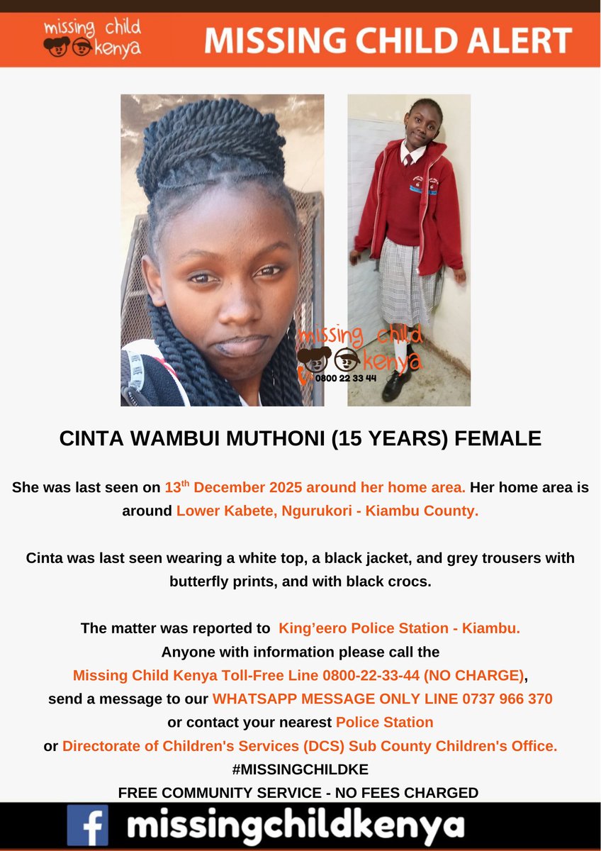 missingchild_ke's tweet photo. CINTA WAMBUI MUTHONI (15 YEARS) FEMALE #MISSINGCHILDKE https://t.co/CUUSKYPxzk