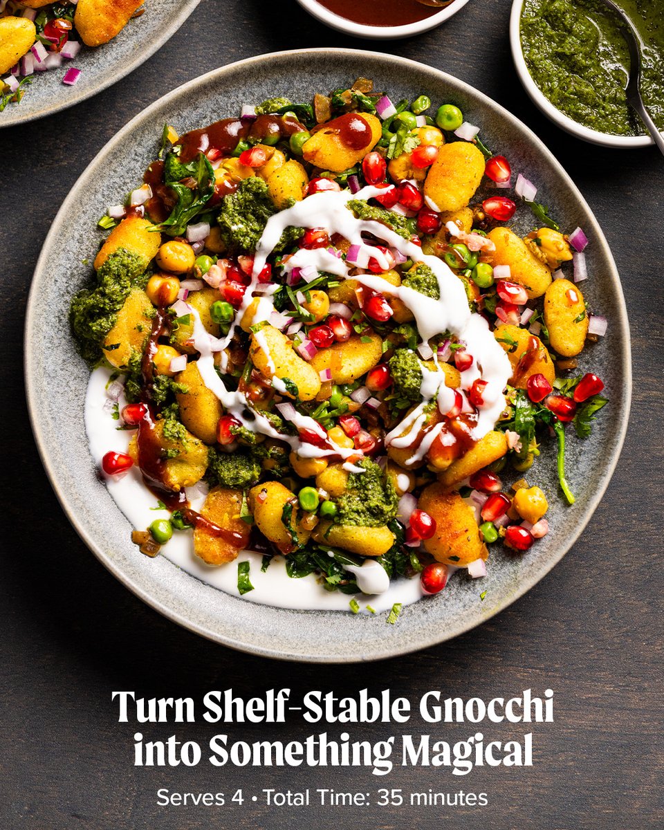 TestKitchen's tweet image. Inspired by Indian chaat, this dish swaps samosa pastry for skillet-browned gnocchi, then layers on spiced aromatics, herbs, peas, and plenty of toppings for a craveable mix of crisp, soft, and saucy in every bite. Get the recipe: cooks.io/3LmcIKh
