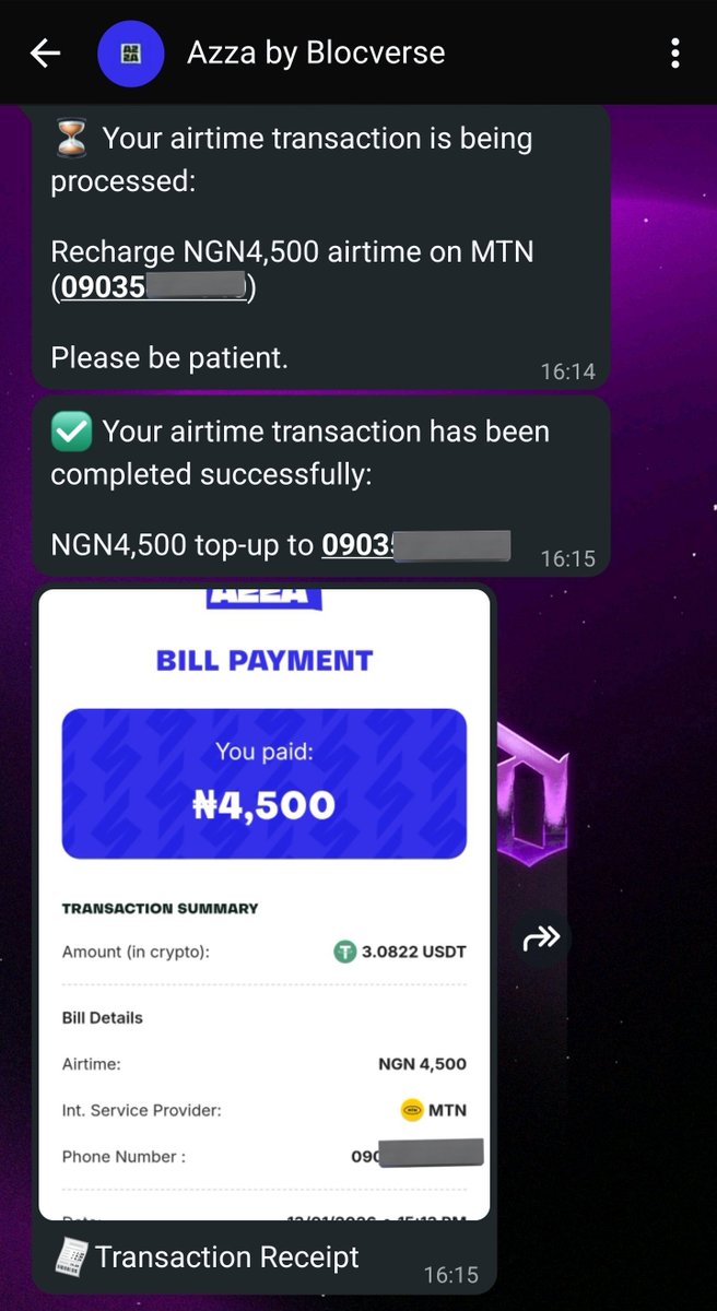 Bought my airtime with crypto from the comfort of WhatsApp, all thanks to  @useazza Gud tek!