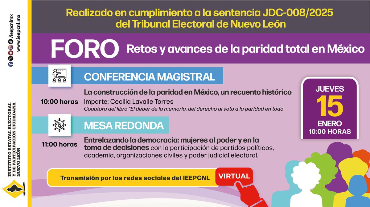 Te invitamos a visualizar el Foro: Retos y avances de la paridad total en México. 
📆 Jueves 15 de enero. 
⏰ 10:00 hrs.
📍 Evento virtual.
🔴 #envivo por #youtube: youtube.com/watch?v=aS3mSQ…