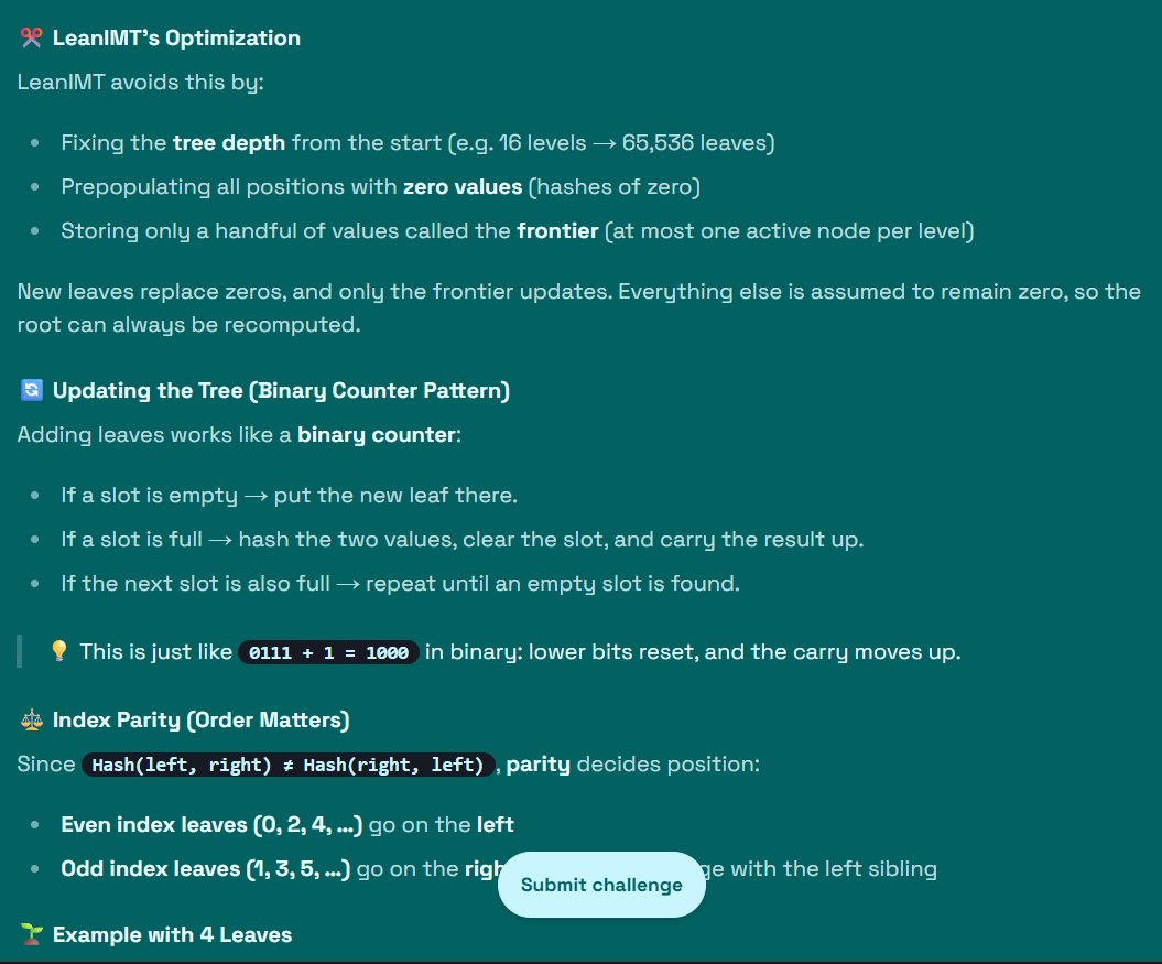 Yesterday I started the ZK Voting Challenge of <a href="/buidlguidl/">BuidlGuidl.eth</a>!

Learning about LeanIMT, circuits with <a href="/NoirLang/">Noir</a> and <a href="/solidity_lang/">Solidity</a> smart contracts!

Private and unlinkable votings.

2026 the year of privacy.
