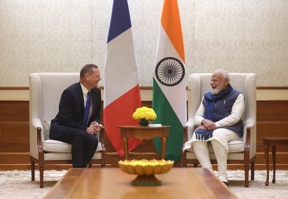 narendramodi's tweet image. Delighted to meet Emmanuel Bonne, Diplomatic Advisor to President Macron.

Reaffirmed the strong and trusted India–France Strategic Partnership, marked by close cooperation across multiple domains. Encouraging to see our collaboration expanding into innovation, technology and