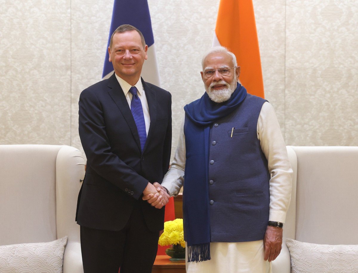 narendramodi's tweet image. Delighted to meet Emmanuel Bonne, Diplomatic Advisor to President Macron.

Reaffirmed the strong and trusted India–France Strategic Partnership, marked by close cooperation across multiple domains. Encouraging to see our collaboration expanding into innovation, technology and