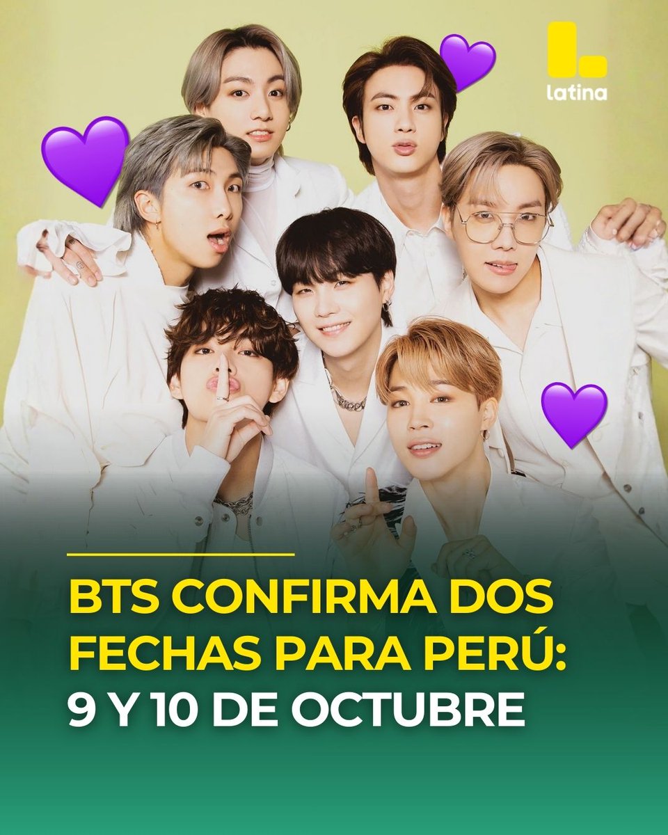 Latina_pe's tweet image. ¡DOS FECHAS PARA PERÚ! 🇵🇪🔥 BTS confirma doble fecha para concierto en Perú como parte del BTS World Tour 2026 💜🎤. Las presentaciones serán este 9 y 10 de octubre, y aún estamos a la espera del recinto y el precio de las entradas. 👀✨
