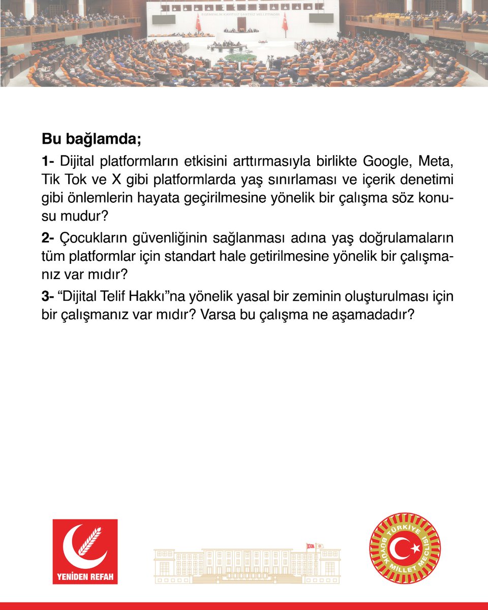 Ulaştırma ve Altyapı Bakanlığınca cevaplanmak üzere Türkiye'de Google, Meta, Tik Tok ve X gibi platformların gösterdikleri faaliyetlere yönelik yazılı soru önergemiz Genel Başkan Yardımcımız ve İstanbul Milletvekilimiz Doğan Bekin tarafından TBMM’ye sunulmuştur.